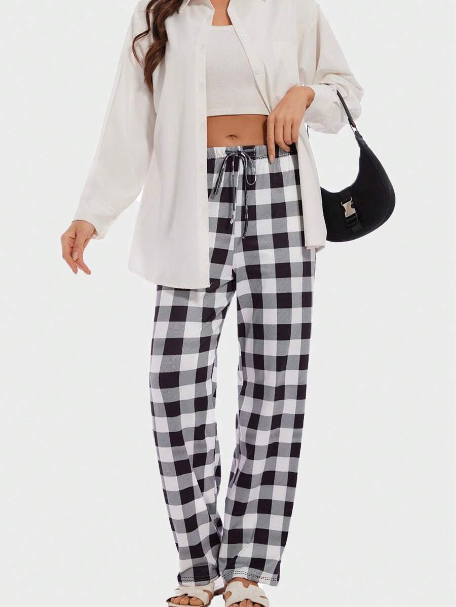 1Pc Women's Casual Grid Printed Elastic Waist Pants For Spring/Summer/Autumn/Winter, Suitable For Home And Outdoor Activities Pajama Pants Pj Pants - Black and White - View 1