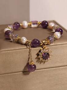 1pc Natural Freshwater Pearl & Amethyst Bracelet Women's Light Luxury Micro-Inlaid Sunflower Pendant Beaded Strand Bracelet, Best Friend Gift Valentines,Mom,Mother,Mother's Day,Gift