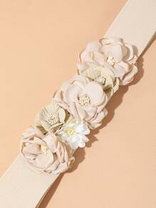 1 Pieza Cinturón Elegante Para Mujer Con Estilo Francés En Tejido Hecho A Mano Con Bordes Quemados Y Cinturilla Elástica Con Flor De Camelia 3d Y Decoración De Flores Falsas - Negro - Ver 5