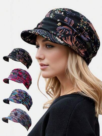 復古花卉印花報童帽，經典褶皺遮陽帽，輕巧帽沿短帽適用於女性