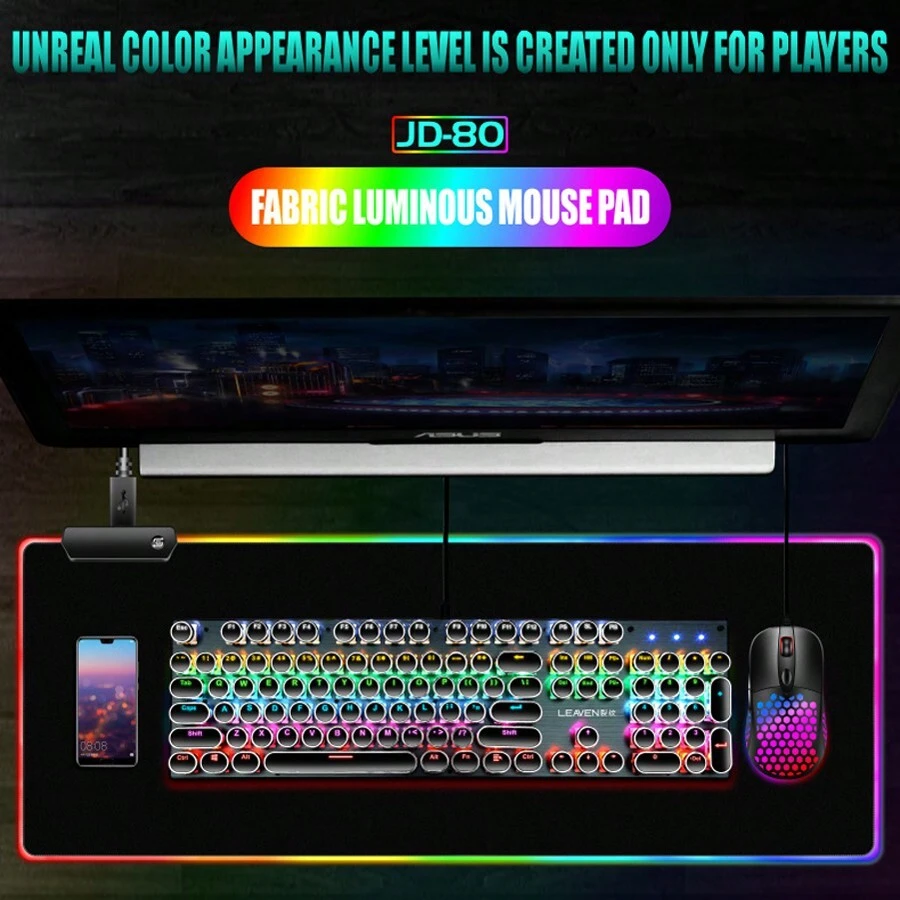 1入組炫酷 RGB 發光滑鼠墊，防滑電腦桌墊，適用於遊戲和電競，背光設計，尺寸90*40cm