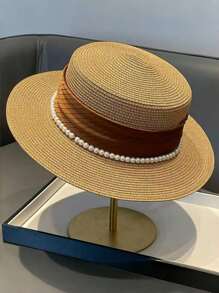 1pc Women's Pearl Ribbon Sun Protection Fashionable Flat Top Straw Hat, Suitable For Beach Vacation - Straw Hat - View 5