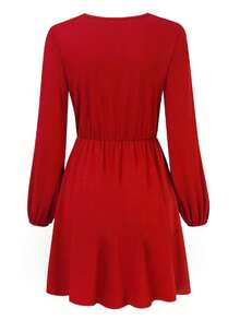 Women Solid Long Sleeve Elastic Waist Wrap V-Neck Fit Flare Dress - Red - View 4
