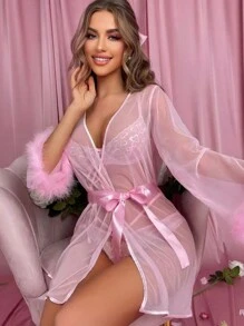 1入女性性感極簡風可愛見網流蘇帶狀睡衣 - 粉色 - 查看 1