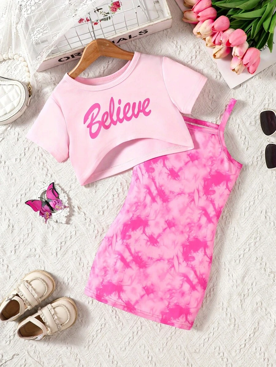 夏日少女信封字母印花T恤和渐变印花絲绸连衣裙套装 - 粉色 - 查看 1