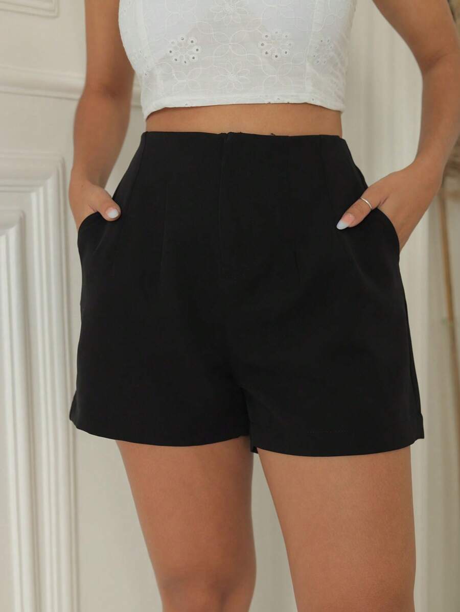 FENFEN moda top fashion short alfaiataria feminina cintura alta ziper/verao/elegacia - PRETO - Visão 1
