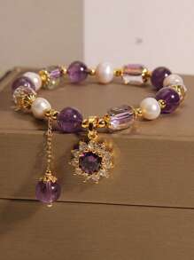 1pc Natural Freshwater Pearl & Amethyst Bracelet Women's Light Luxury Micro-Inlaid Sunflower Pendant Beaded Strand Bracelet, Best Friend Gift Valentines,Mom,Mother,Mother's Day,Gift