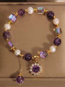 1pc Natural Freshwater Pearl & Amethyst Bracelet Women's Light Luxury Micro-Inlaid Sunflower Pendant Beaded Strand Bracelet, Best Friend Gift Valentines,Mom,Mother,Mother's Day,Gift