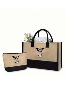 1Pc/2Pcs,Flower Letter Pattern,Initial Jute/Canvas Tote Bag Comes With A Makeup Bag, Personalized Present Bag, Suitable For Wedding, Birthday, Beach, Holiday,School Bag , Is A Great Gift For Women, Mom, Teachers, Friends, Bridesmaids,Student ,Large Bag , Back To School ,Simple Large-Capacity Handbag, Portable Casual Storage Tote Bag, Best Teacher Gift - Khaki - View 35