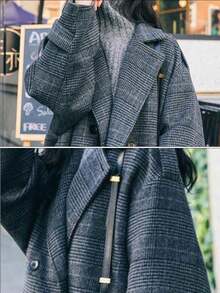 Las mujeres de longitud media de la rodilla abrigo de tweed chaqueta Mil aves comprobar temperamento otoño e invierno engrosada abrigo de tweed de algodón de sección larga de doble botonadura gabardina cardigan - Gris - Ver 9