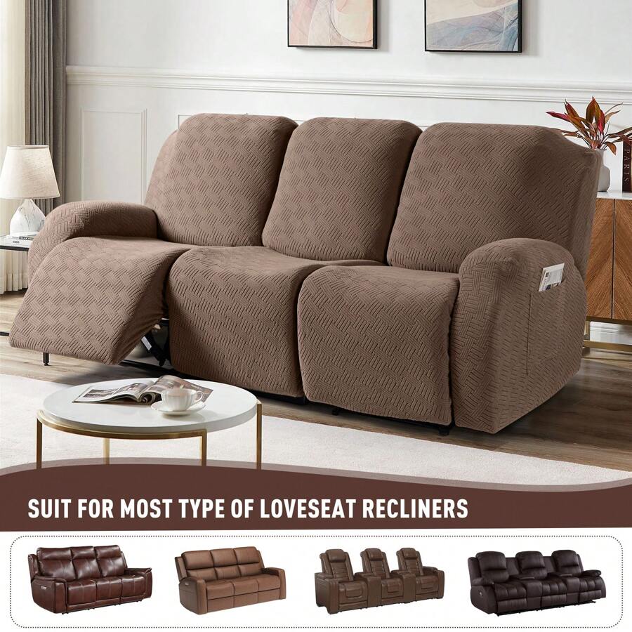 3 Pieces Recliner Sofa Covers, Stretch Reclining Couch Covers For 1, 2 & 3 Seat, Sofa Slipcovers Stripe Jacquard Recliner Covers Furniture Protector Covers With Elastic Bottom For Kids, Pets - Cà phê nhẹ - Xem 1