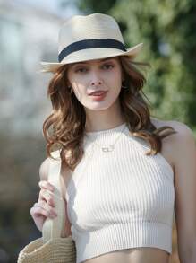 LEAJOURNO. Tape Decor Summer Beach Straw Hat - Khaki - View 5