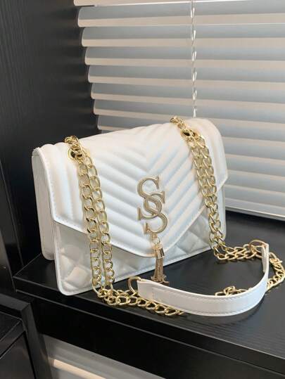 حقيبة كتف مربعة مصنوعة من سلسلة مربوطة بشكل متقاطع ومزينة بالمجوهرات من SS Jewelry