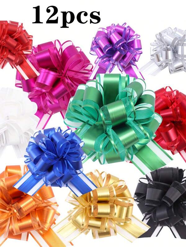 12 Peças Laço de Fita para Embrulho de Presente, Laço Grande de Puxar de 6 Polegadas para Decoração de Cesta de Presente, Fita de Cetim e Flores de Pompom para Decoração de Festa de Casamento, Aniversário, Dia dos Namorados, Volta às Aulas