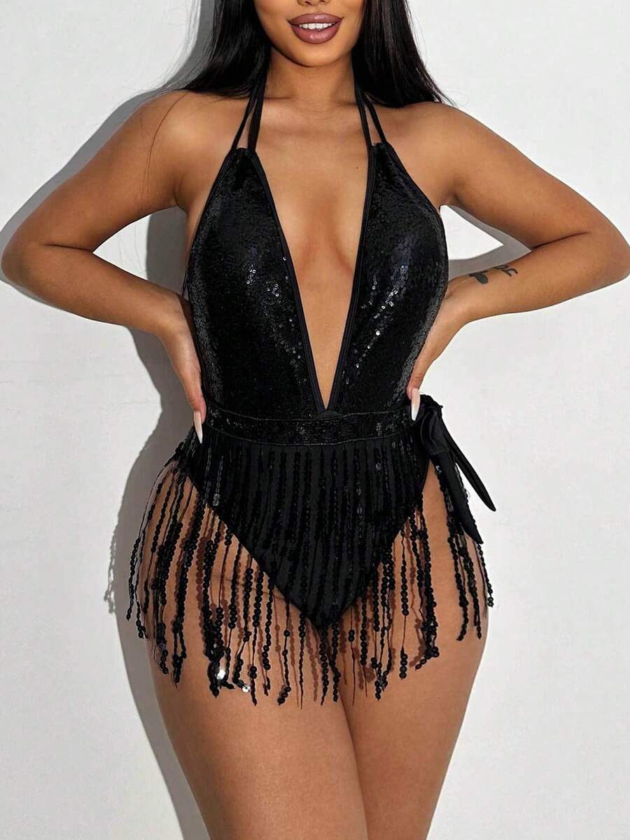 Solid Color Sexy Lingerie Deep V Sequin Fringe Bodysuit & Skirt Two-Piece Set - Black - View 1