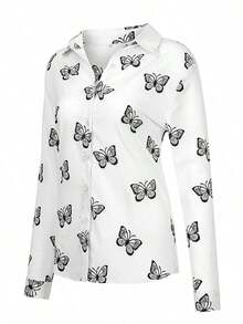 Camisa Manga Larga Estampado Mariposa Mujer Multicolor Suelta Solapa Camisa Temperamento Casual La talla es pequeña - Blanco - Ver 7