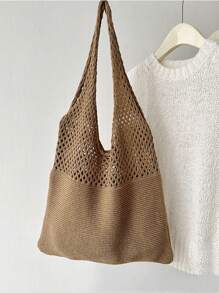 Yogodlns Crochet Knit Bag Large Capacity Shoulder Bag, Beach Purse, Vacation & Daily Use, Travel Must Haves, Vacation Essentials, Perfect For Summer, Vacation & Beach , Crochet - Camel - View 2