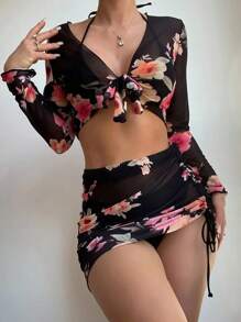4 piezas conjunto de traje de baño para mujer playa bañadores con estampado floral moda,Navidad, Regalo de Navidad, Invierno, Día de Acción de Gracias, Decoración Navideña, Maquillaje, Fiesta, Playa, Viajes, Ropa de Vacaciones, Rosa, Años 2000, Ofertas, Regalo. - Negro - Ver 1