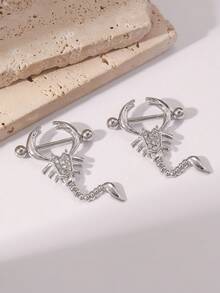 1pair Stainless Steel Gold Plated Rhinestone Skull Scorpion Nipple Rings, European And American Punk Style Body Piercing Jewelry, Suitable For Daily Wear, Couples' Decorations Or Gifts For Each Other - Silver - View 11