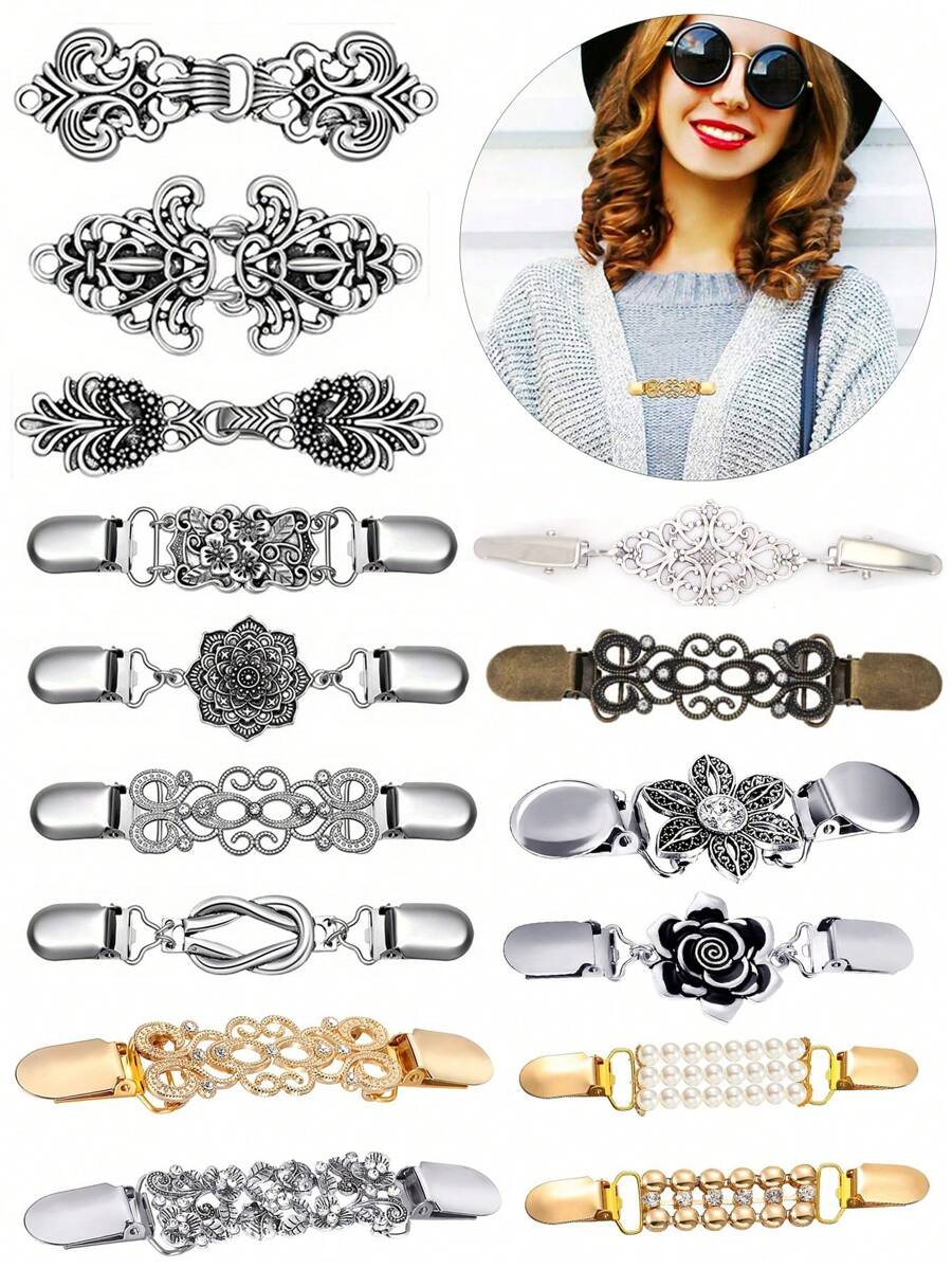 2 件装复古毛衣领夹复古翻领夹正式衬衫胸针夹，适合女士和女孩 - 彩色 - 查看 1