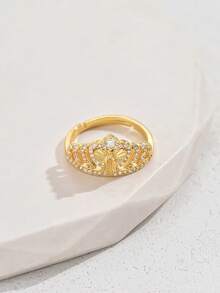 1pc Fashion Cubic Zirconia Crown Heart-Shaped Vintage Embossed Portrait Adjustable Ring, Versatile Daily Charm Women's Jewelry Accessory Gift - ring - View 3