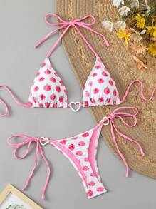 Bikinx Women's Summer Beach Strawberry Print Triangle Cup Tie-Up Halter Bikini Set