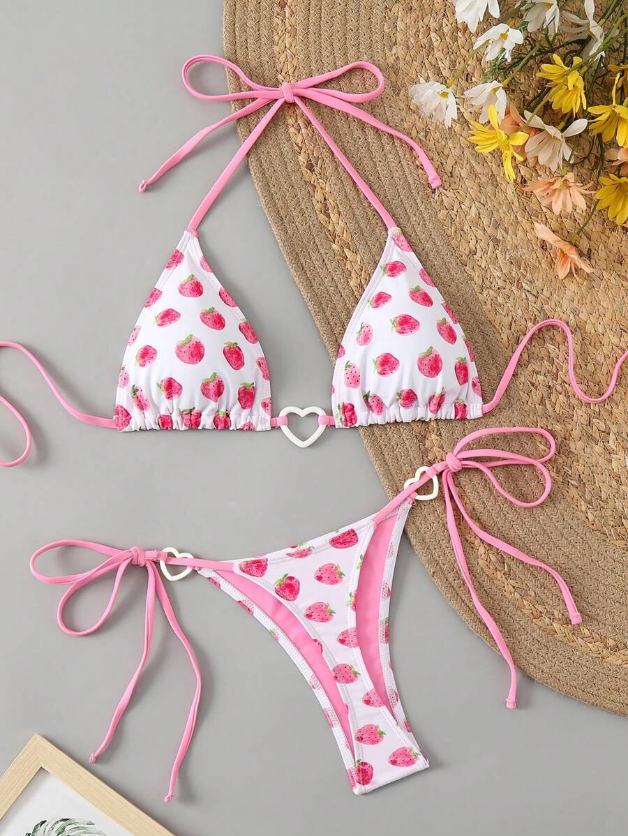 Bikinx Women's Summer Beach Strawberry Print Triangle Cup Tie-Up Halter Bikini Set