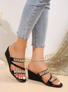 Fashion Women's Wedge Heel Sandals With Rhinestone Decoration, Thick Soled Casual Outdoor Slippers - Black - View 4