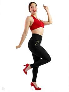 Pantalon Costillero Cintura Alta Acrilica Mezclilla Gabardina Cierre Reforzado Elastico Moda Sexy Amolda Figura Ajustable Trina - Negro - Ver 3