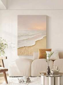 1pc Sunrise Beach Seascape Wall Art, Frameless Canvas Poster, Abstract Wabi-Sabi Style Living Room Decor Hanging Print