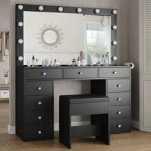 FUSOU Makeup Vanity Desk With Mirror & 12 LED Lights, Vanity Table With 11 Drawers, Power Outlet & Chair, 3 Lighting Modes Adjustable, White - Black - View 3