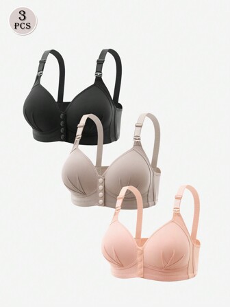 3pcs/Set Women's Front Closure Non-Wired Comfortable Push-Up Bra In Multiple Colors, Lingerie
