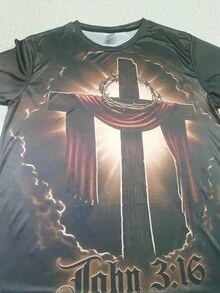 Camiseta con estampado completo, camiseta casual de cuello redondo y media manga para hombre con estiramiento medio para primavera y verano - Negro - Ver 5