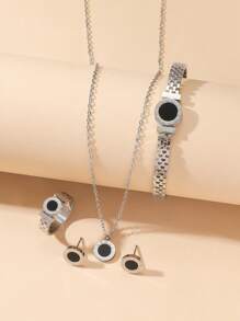 5入組獨特設計羅馬數字項鍊、手鐲和戒指配套，簡約風格，女性，鈦鋼，附耳環 - 羅馬系列 - 查看 4