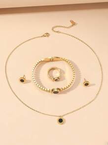 5入組獨特設計羅馬數字項鍊、手鐲和戒指配套，簡約風格，女性，鈦鋼，附耳環 - 羅馬系列 - 查看 6