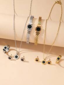 5入組獨特設計羅馬數字項鍊、手鐲和戒指配套，簡約風格，女性，鈦鋼，附耳環 - 羅馬系列 - 查看 3