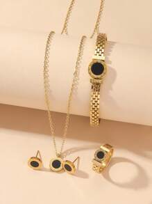 5入組獨特設計羅馬數字項鍊、手鐲和戒指配套，簡約風格，女性，鈦鋼，附耳環 - 羅馬系列 - 查看 5