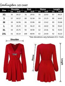 Women Solid Long Sleeve Elastic Waist Wrap V-Neck Fit Flare Dress - Red - View 5