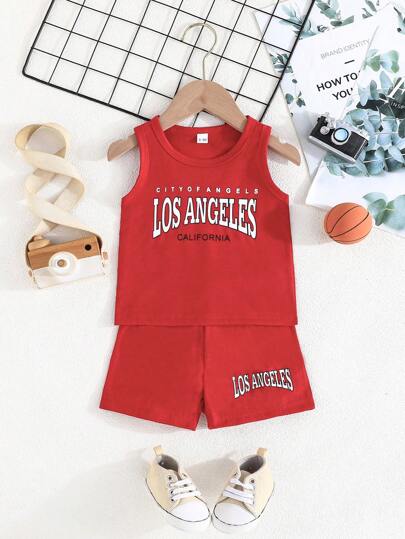 Baby Boy 2pcs/Set Sleeveless Letter Print Crew Neck Tank Top And Shorts Casual Outfit, Summer