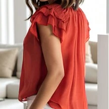 Women's V-Neck Ruffled Sleeves Short-Sleeved Casual Shirt - Rose Red - View 3