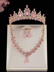 4pcs Girls Kids Accessories Set - Pink Crystal Crown, Gold Alloy Necklace, Earrings, Suitable For Holiday Outfits, Stage Performance, Fashion Show, Great Gift For Children Birthday