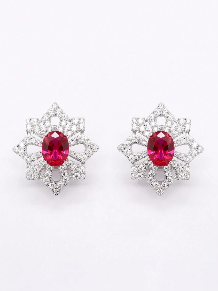 Dissoo 1 Pair Oval-Cut Ruby Earrings Plated In 925 Silver White Gold Snowflake Design, Suitable For Party Wear - Red and White - View 1
