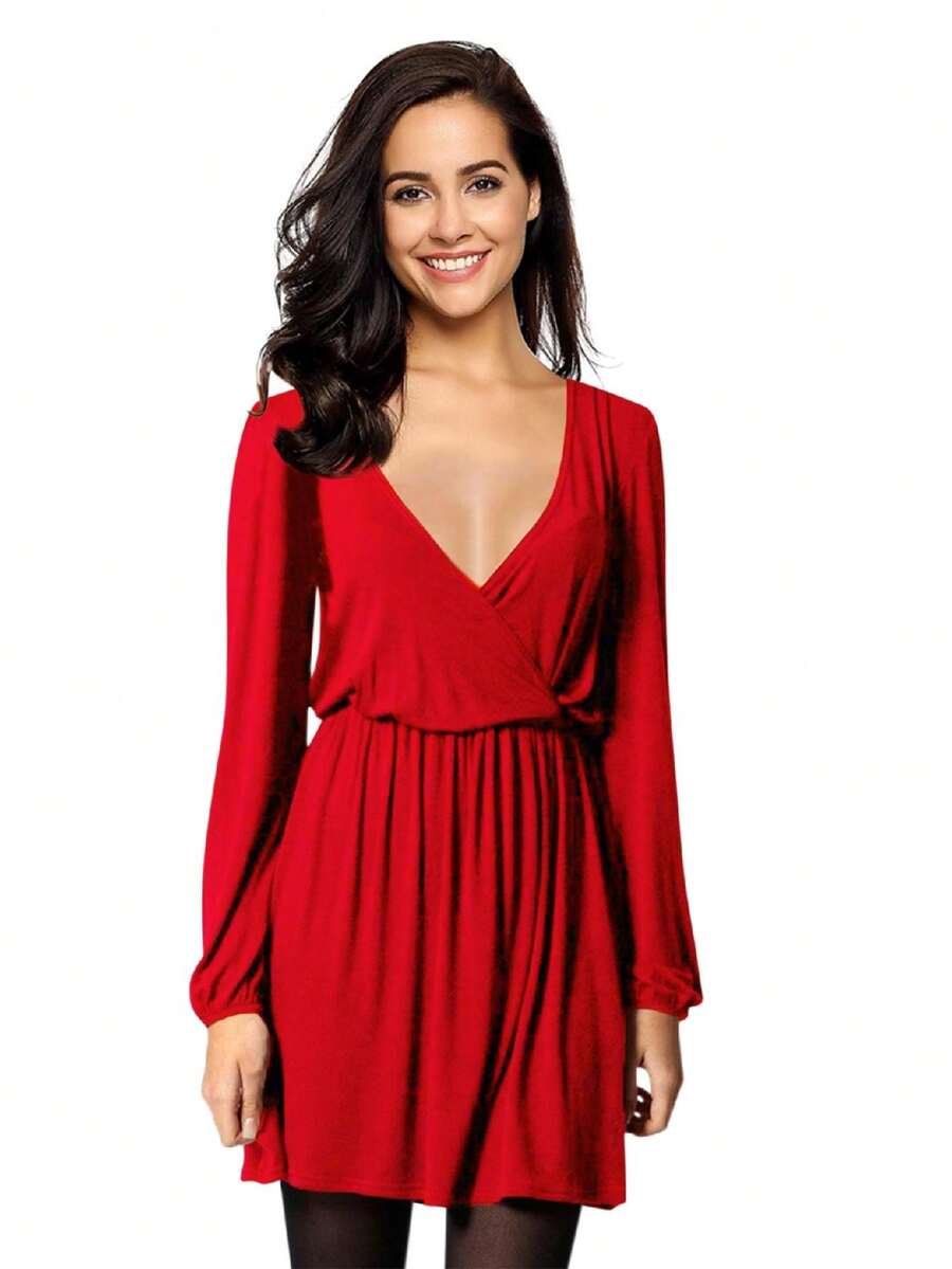 Women Solid Long Sleeve Elastic Waist Wrap V-Neck Fit Flare Dress - Red - View 1