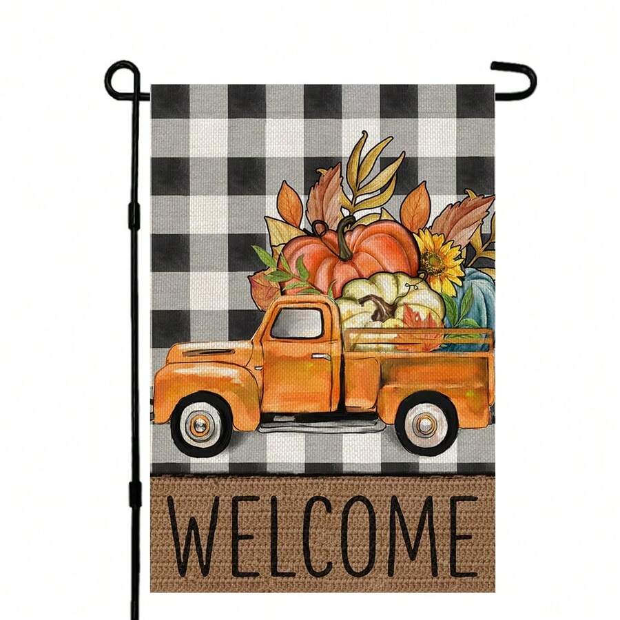 秋季感恩節橘色卡車花園旗幟12x18英寸南瓜農舍水牛格小型雙面亞麻布歡迎庭院秋天戶外裝飾 - 杏色 - 查看 1
