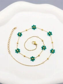 1入夏季流行可愛少女新款鈦鋼小花項鍊珠子鎖骨鏈珠寶，彩色不鏽鋼項鍊，約會禮物，返校季，婚禮季，波西米亞假期風格 - 綠色 - 查看 2