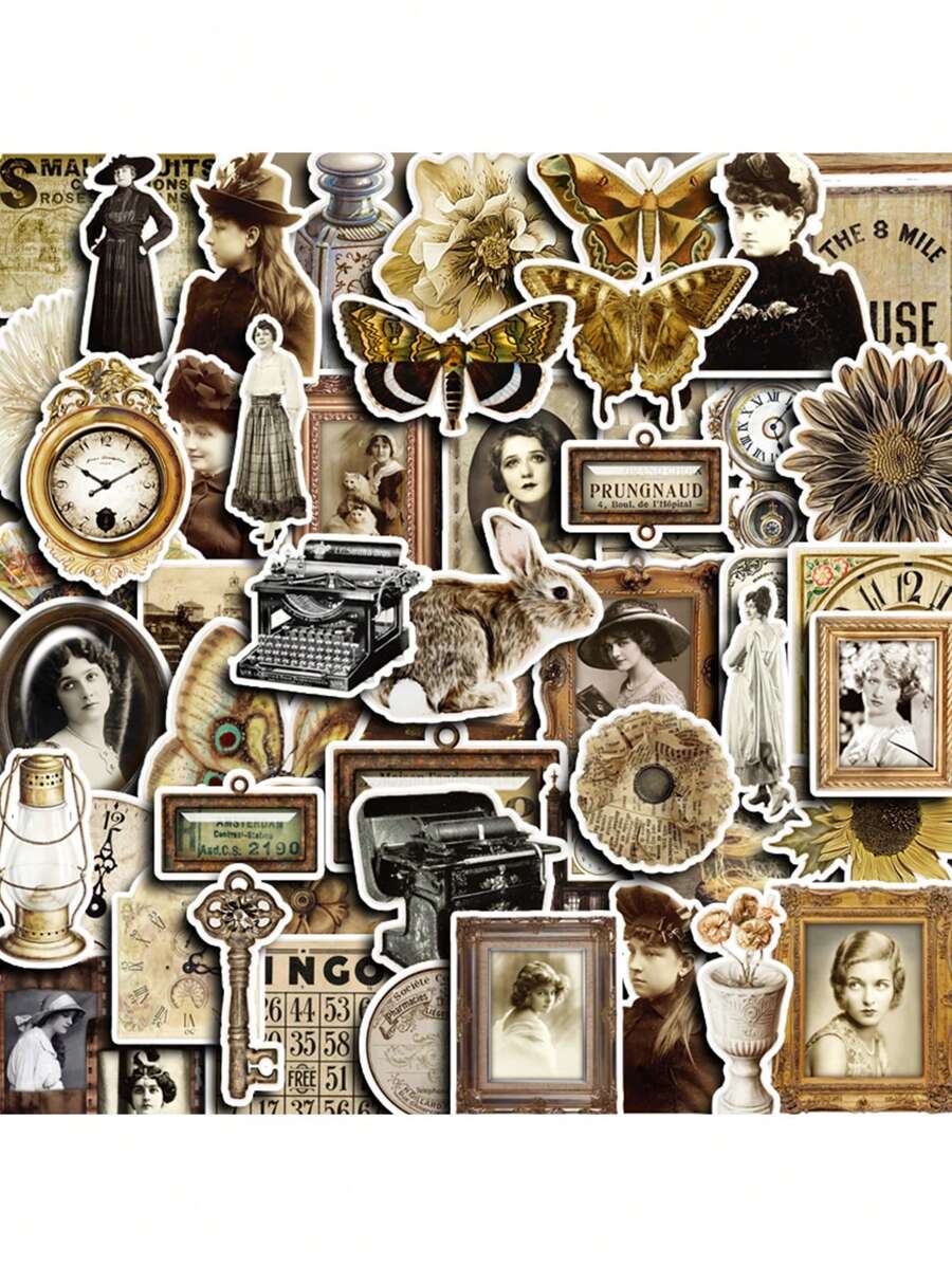 50pcs Retro Style European Flowers, Plants, Animals, And Back Patterns Stickers For Christmas, Halloween, New Year, Anime, And Creative Scrapbooking Material Paper For Office, Student Learning, Party, DIY Handmade Cards, Folding Wrapping Boxes, Gift Explosions, And Party Gifts Back To School - Multicolor - View 1