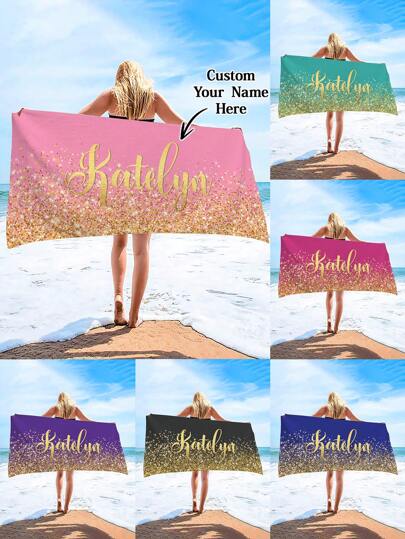 1pc Personalized Text Customized Glitter Beach Towel, Super Absorbent Swimming Towel, Comfortable Beach Towel, Pool Towel, Exquisite Yoga Mat, Beach Accessory, Holiday Essential Gift For Anniversaries, For Valentine's Day, For Mother's Day, For Birthdays, For Children's Day, For Father's Day, For Graduation, For Weddings, For Housewarming Bathroom, Living Room, Bedroom, Home Summer Bathroom Decor Travel Essentials Travel Accessories Beach Essentials,Dorm Essentials,Customized Beach Towels,Halloween Edit