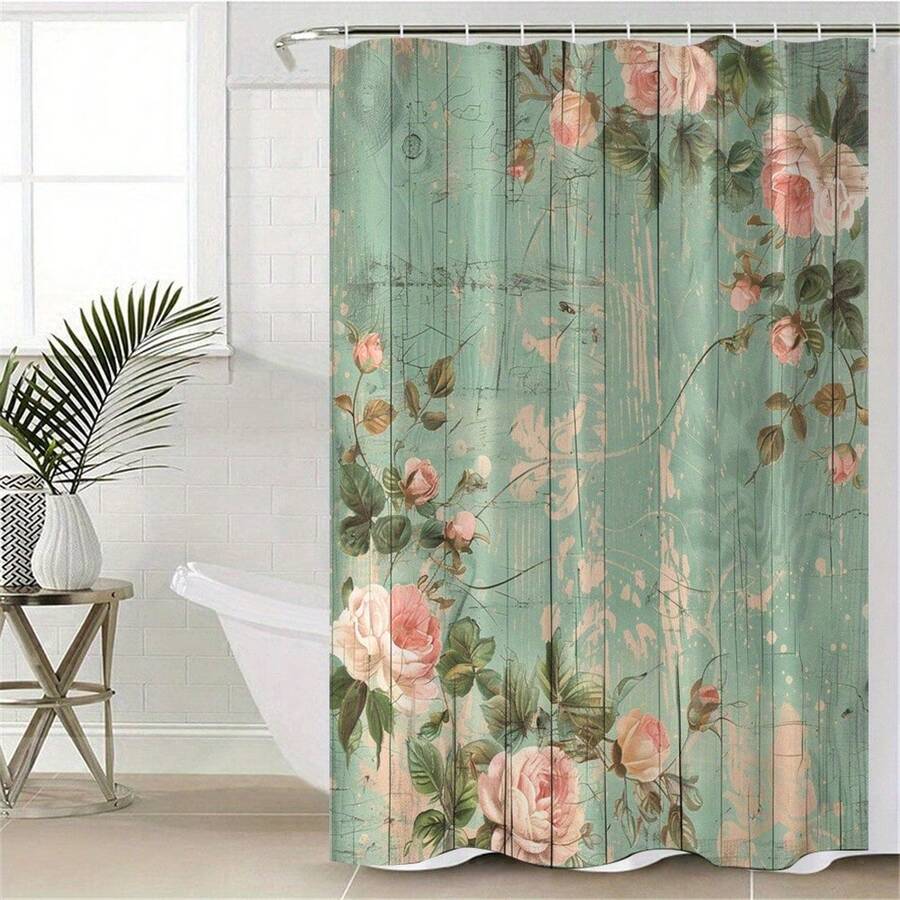 4pcs Rose Wood Bathroom Curtains, Digital 3D Printed Waterproof Shower