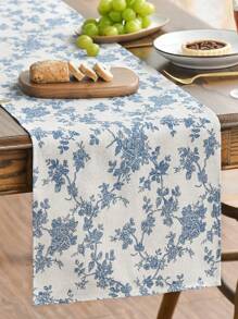 1 pieza Corredor de mesa rectangular de estilo bohemio con impresión de flores azules estilo rosa vintage de poliéster, mantel individual de tela con estampado floral bohemio en azul oscuro, adecuado para decoración de mesa de cocina vintage y de temporada para fiestas en el hogar