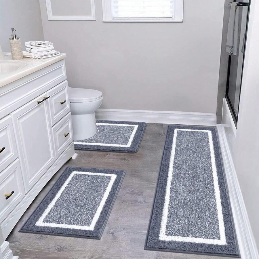 Bathroom Rug Mat Set 3 Piece, Microfiber Shaggy Bath Set, Non-Slip Ultra Soft Carpet Mats, Absorbent With U-Shaped Toilet For Bathroom, Tub, Shower, Dark Grey